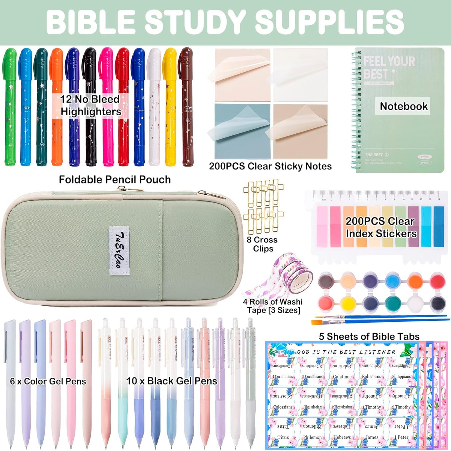 No Bleed Bible Highlighter Pen Set Study Supplies for Women - Pencil Pouch,12 Highlighters with 75 Tabs, 16 Gel Pens ( Black & Color Ink ) Notebook - Bible Journaling Catholic Christian Gift, Green