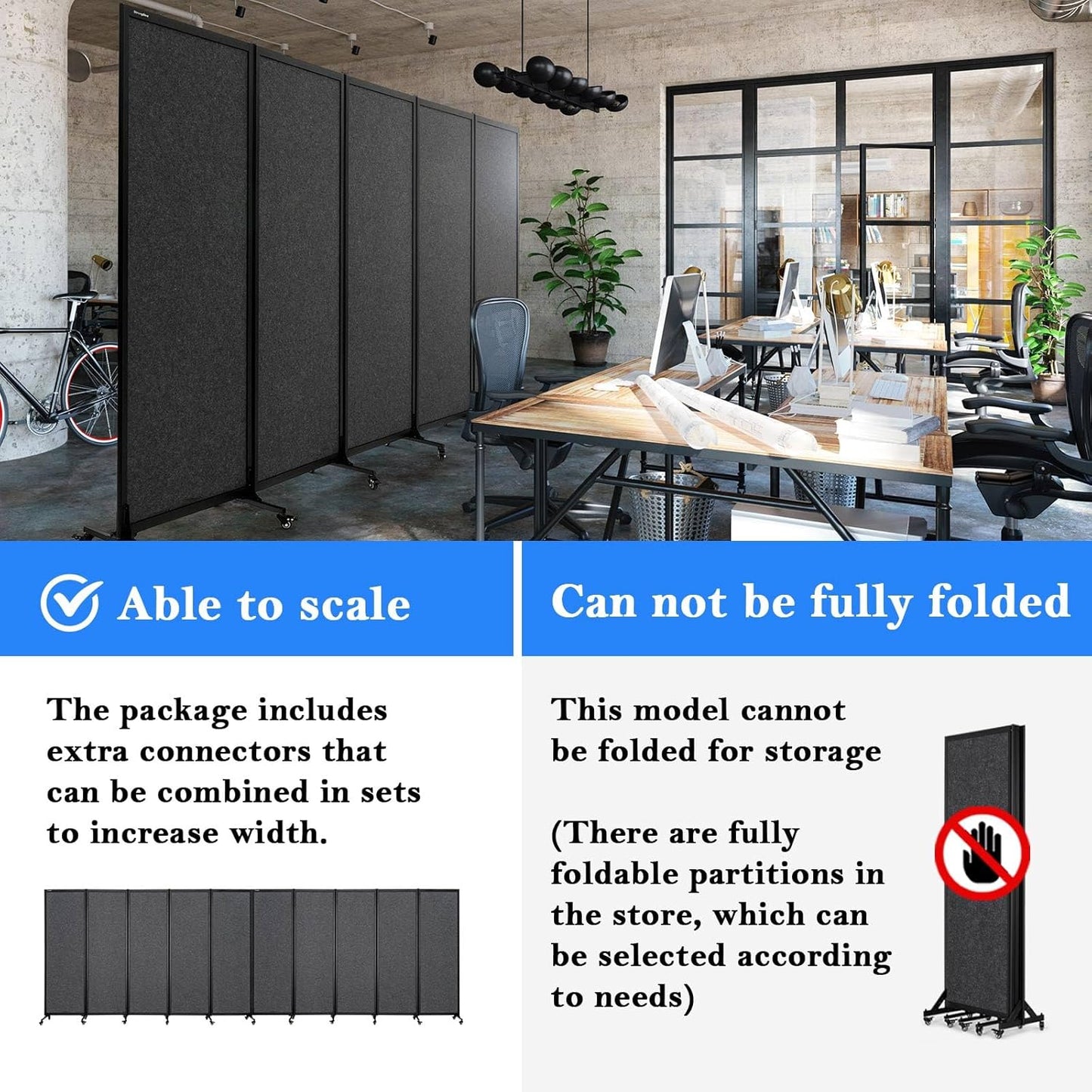 Upgrade Version Room Partition and Divider, Freestanding Rolling Dividers with Wheels,Office Privacy Screen Divider Wall,Classroom Felt Dividers,10'6"L* 6'7"H,5 Panel，Dark Grey