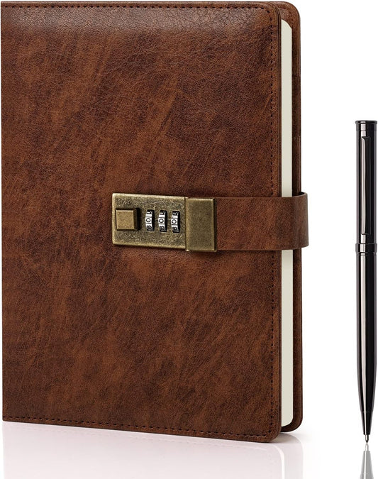 WEMATE Diary with Lock, A5 PU Leather Journal with Lock 240 Pages, Vintage Locks Journal Password Notebook with Pen, Locks Diary Planner Organizer for Men and Women, 8.6x5.8in Brown