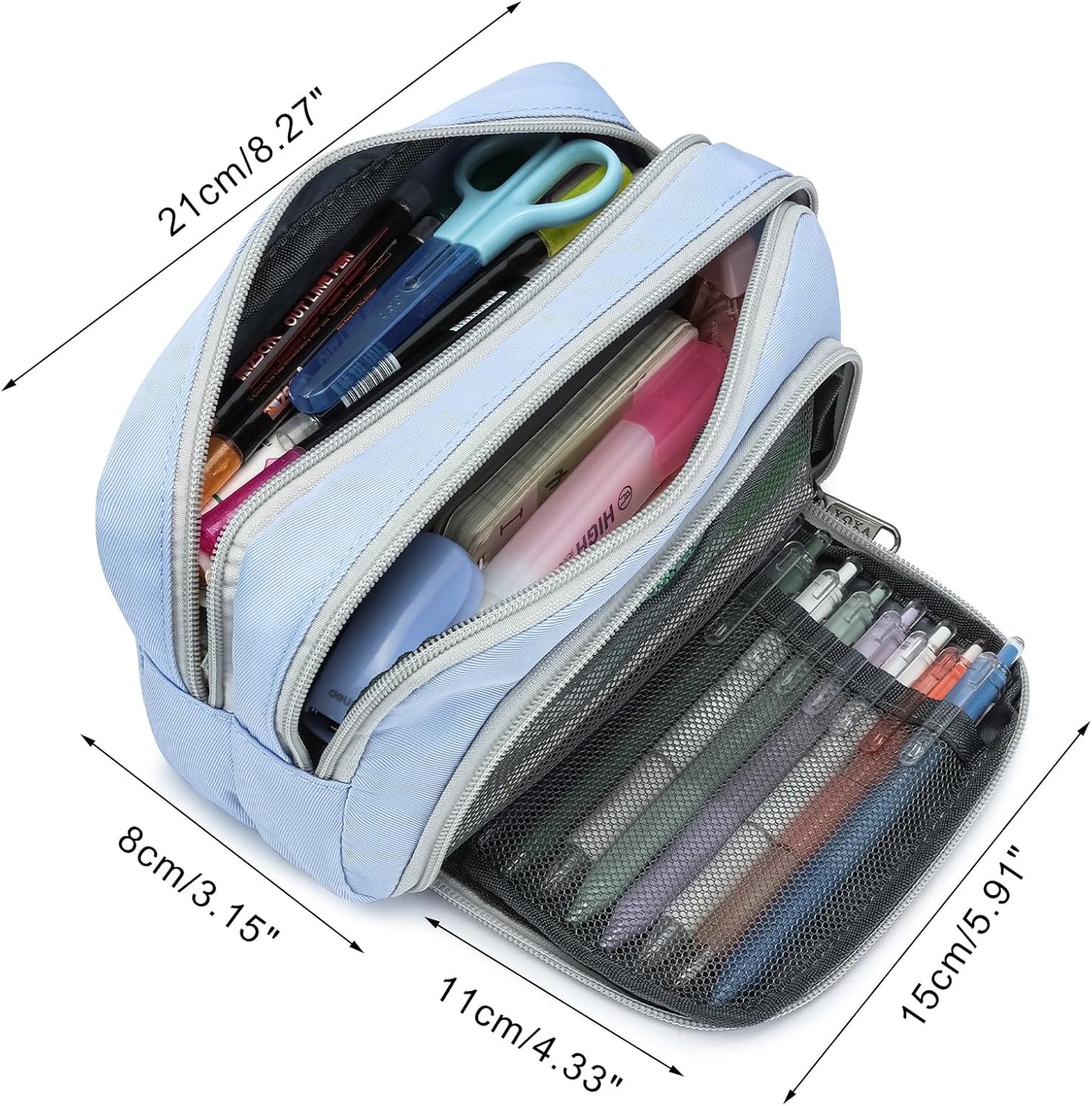 XQXA Pencil Pouch Large Capacity Pencil Case Organizer, Multifunctional Pencil Pouch with 3 Compartmens, Big Pencil Bag for Office Travel Men Women Adult (01-Haze Blue)