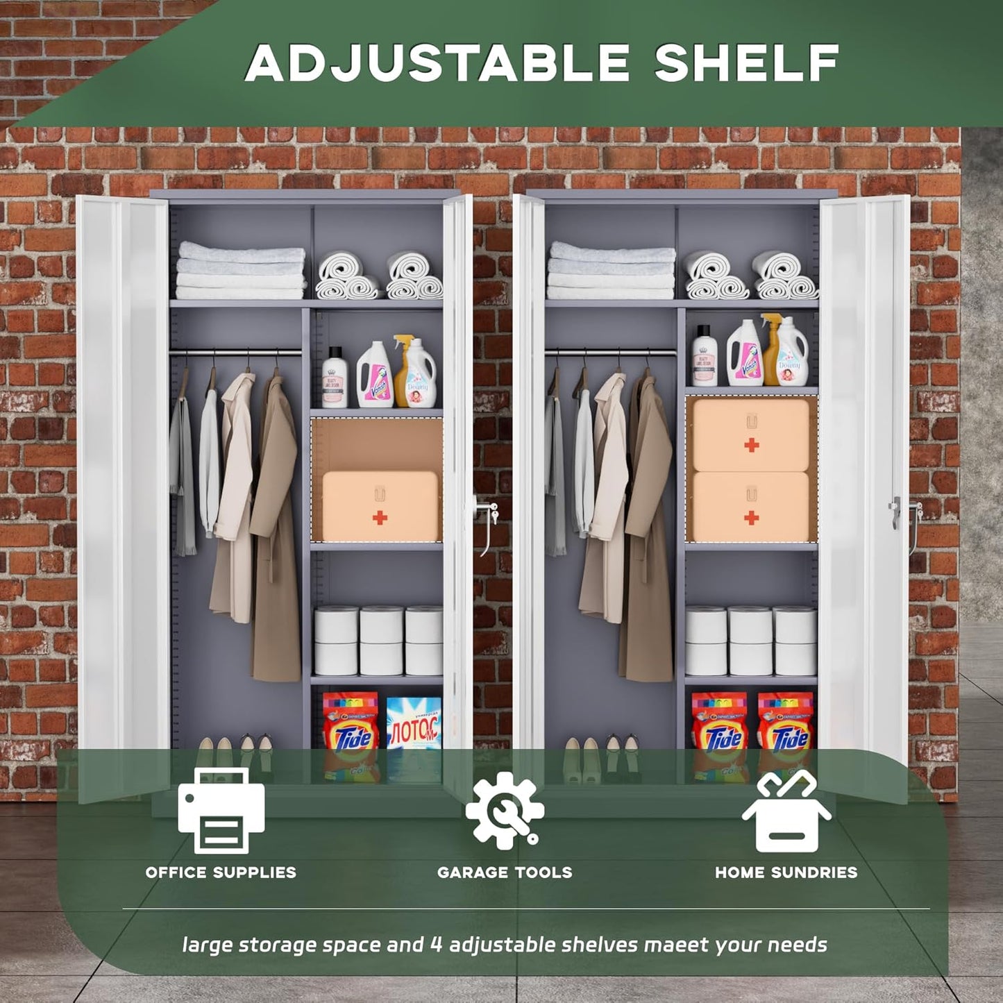 Greenvelly Metal Wardrobe Cabinet with Lock Door, 72" Metal Wardrobe Closet Cabinet with Hanging Rods and Adjustable Shelves, Steel Storage Locker Closet for Home, Office, Employee, Gym (White Grey)