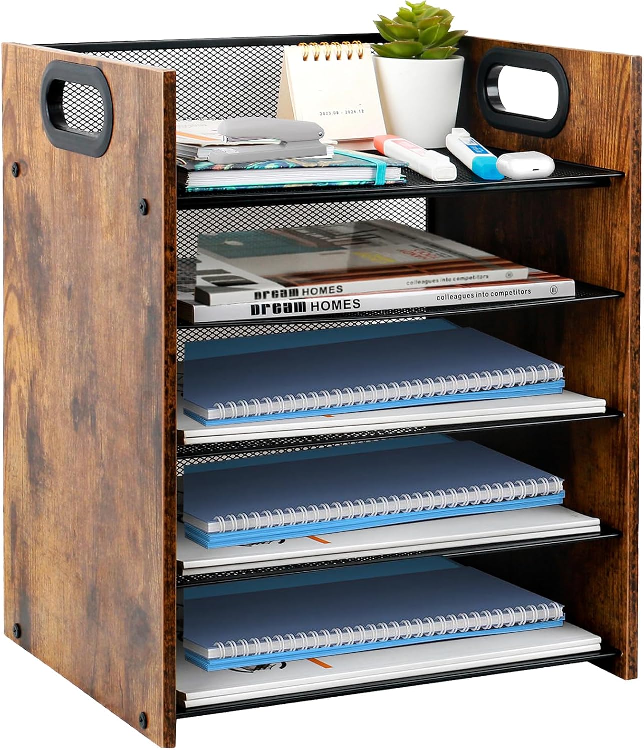 Wood Desk Organizer - 5-Tier Desktop File Organizer, Wooden Paper Tray, Office Desk Organzier and Accessories for Papers, Mail, Notebooks, Stationery