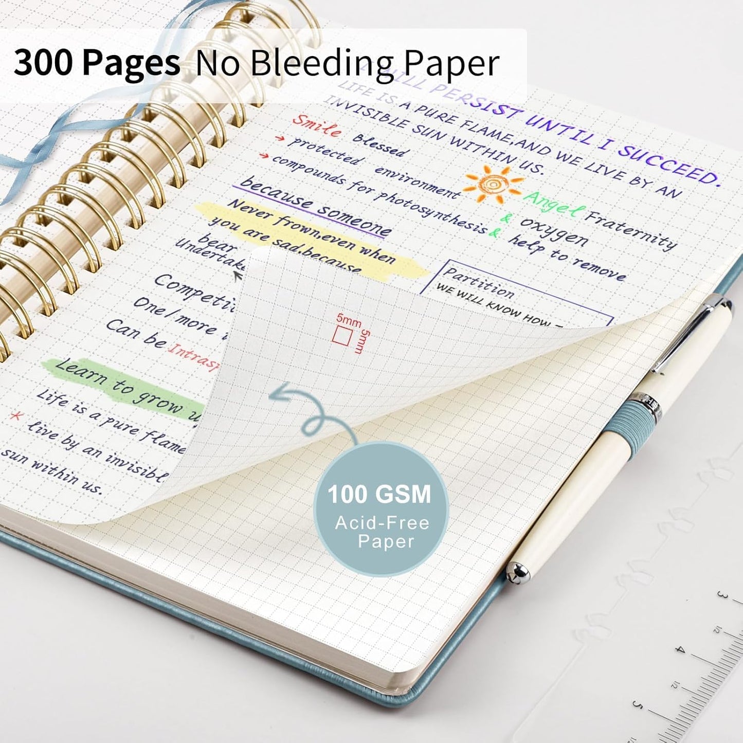 EMSHOI Spiral Graph Paper Notebook - 300 Pages, 100 GSM Thick Grid Notebook, B5 Large Hardcover Leather Journal for Women Men Work School Writing Engineering Graphing, 7.48" x 10.15", Gray Blue