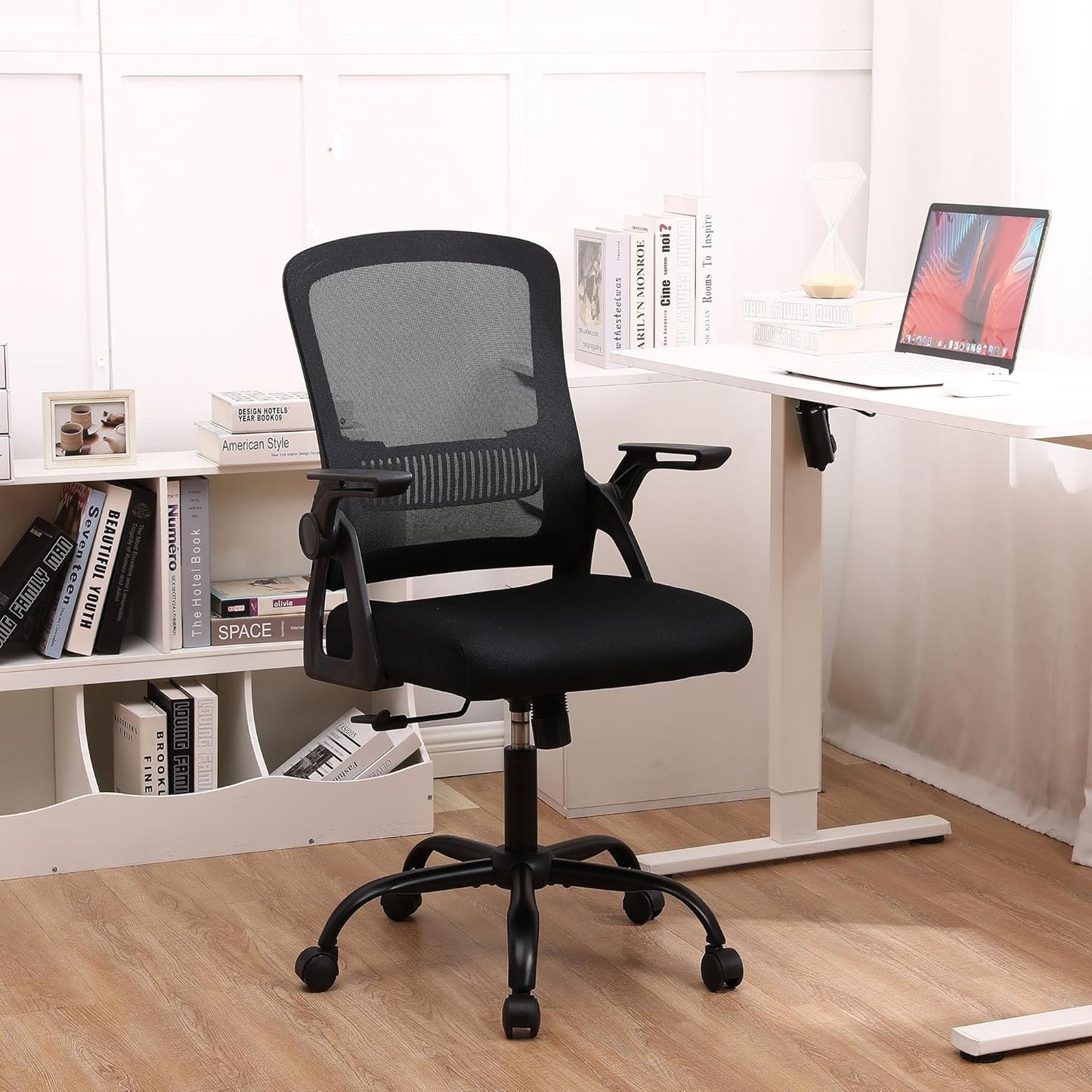 Office Chair, Ergonomic Desk Chair with Lumbar Support, Breathable Mesh Chair with Flip-up Armrests and Mid Back, Comfy Task Computer Height Adjustable Swivel Chair (4, Black)