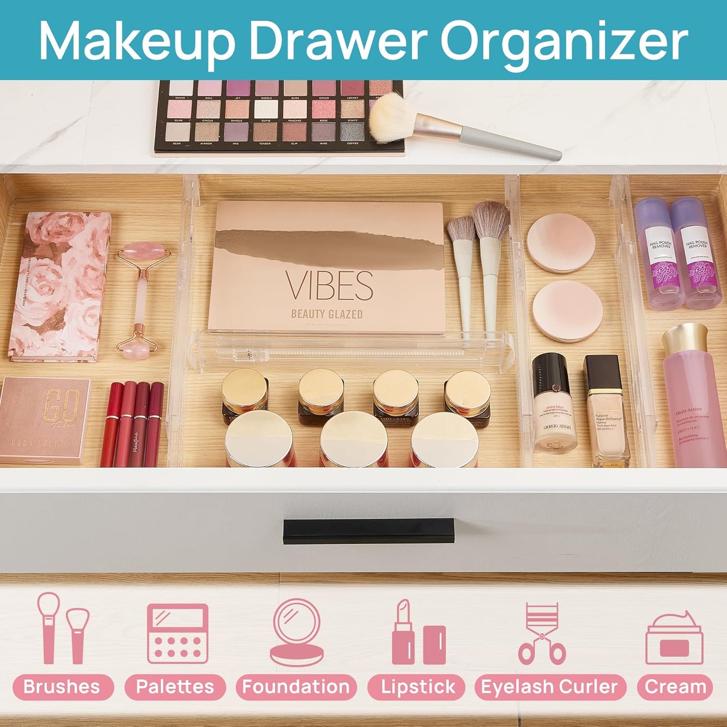 Vtopmart 4 Pack Shallow Drawer Dividers, 2.36" High 12.67"-21.14" Adjustable Expandable Kitchen Drawer Organizer, Clear Plastic Organizer Separators for Flatware, Utensil, Cutlery, Underwear, Clothes