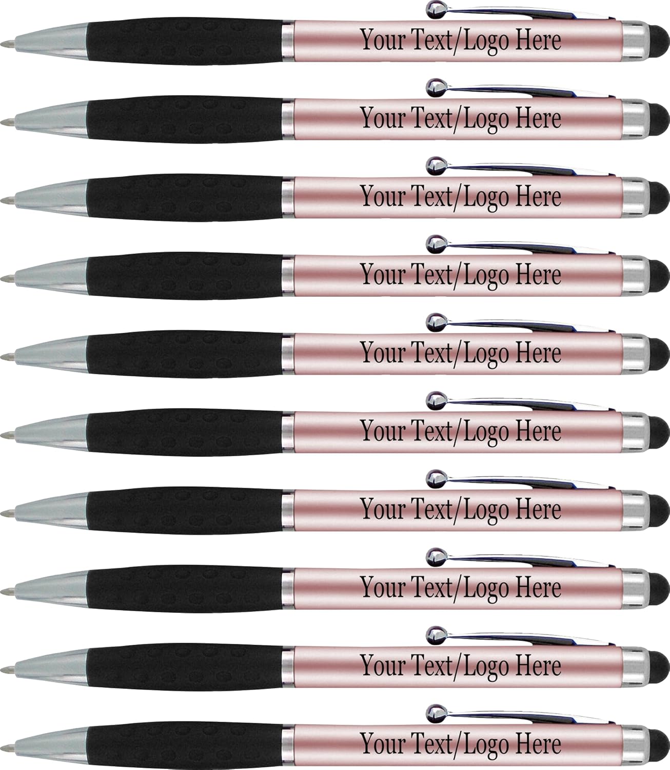 Personalized Pens With your Custom Logo or Text-300 Pack Bulk-for Businesses, Parties, and Events, 2 in 1 Ballpoint Pen & Stylus forTouchscreen Devices, Rose Gold Barrel, Black Ink