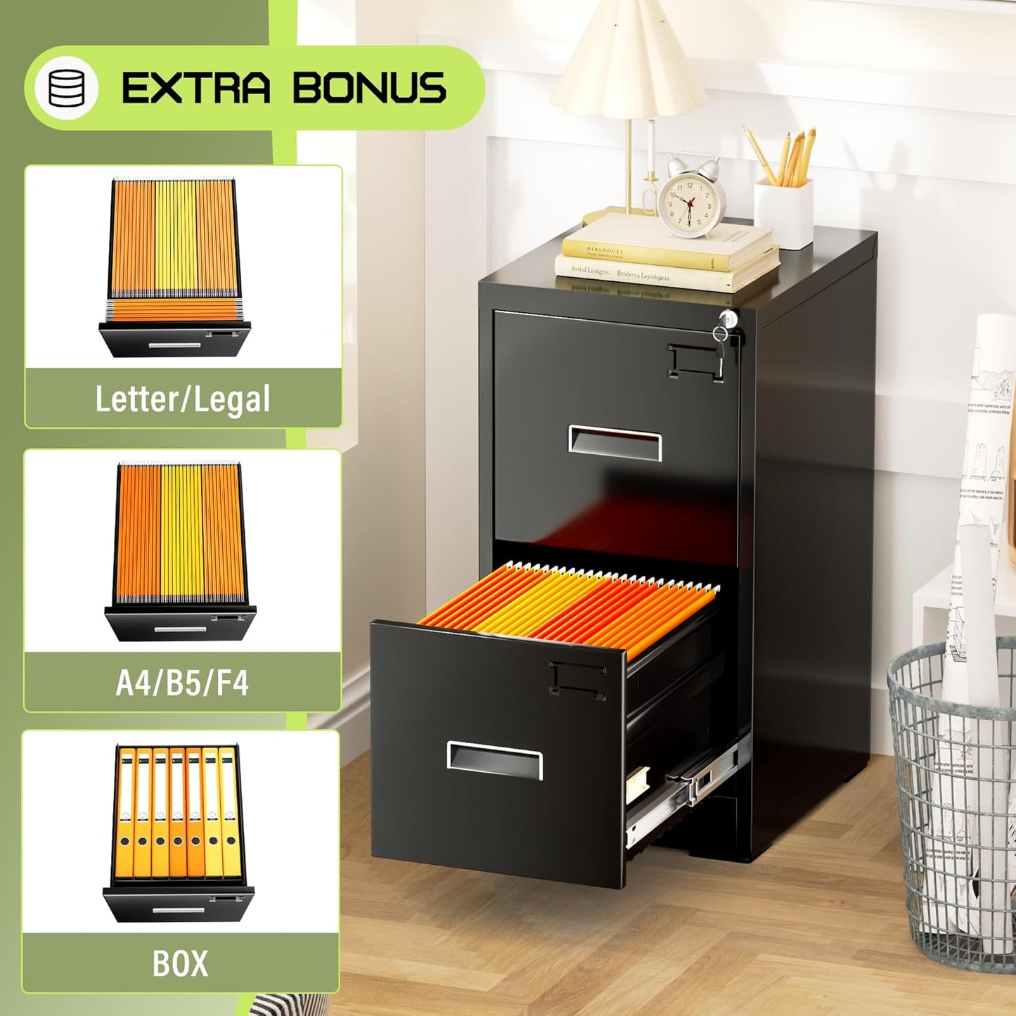 Crownland Lateral File Cabinet with 2 Drawers, 15" W Metal Lockable Office File Cabinets for Home Office- Stores Letter/Legal/A4/F4 Files(Black)