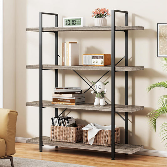 Heavy Duty 4-Tier Industrial Bookcase, 47" Wide Wood Bookshelf for Home Office, 120lbs Shelf Capacity, Rustic Shelving Display with Reinforced Horizontal Shelf for Living Room Bedroom,Grey