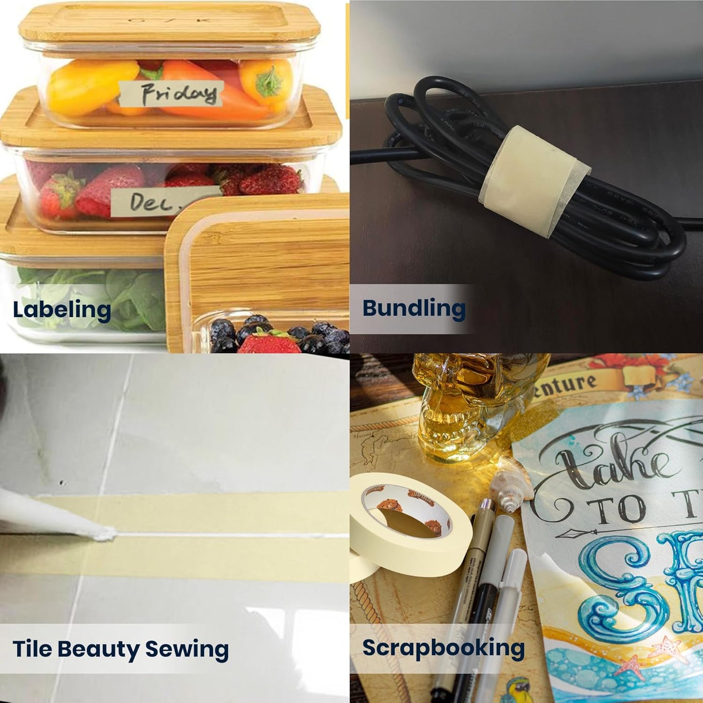 General Purpose Masking Tape 1.88 Inches x 60 Yards, Beige White Painters Tape for Painting, Labeling, DIY Arts Crafts, Home Office School Projects, 6 Rolls