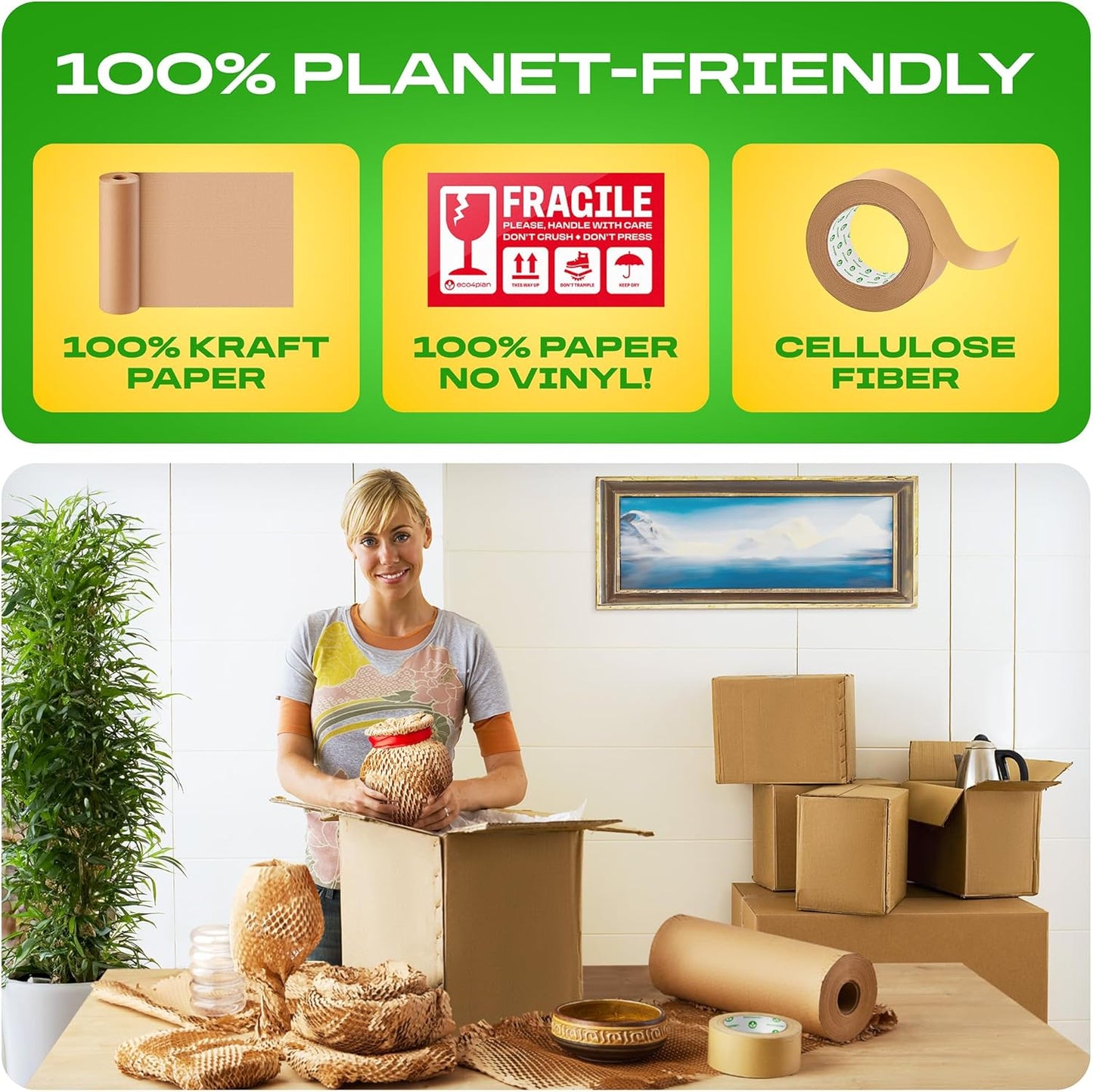 Honeycomb Packing Paper | Extra Thick 90 GSM Packing Wrap | Biodegradable Packing Materials: 12” x 400’ Moving Paper + 195’ Cellulose Adhesive Tape + 30 Fragile Stickers | Paper Bubble Wrap