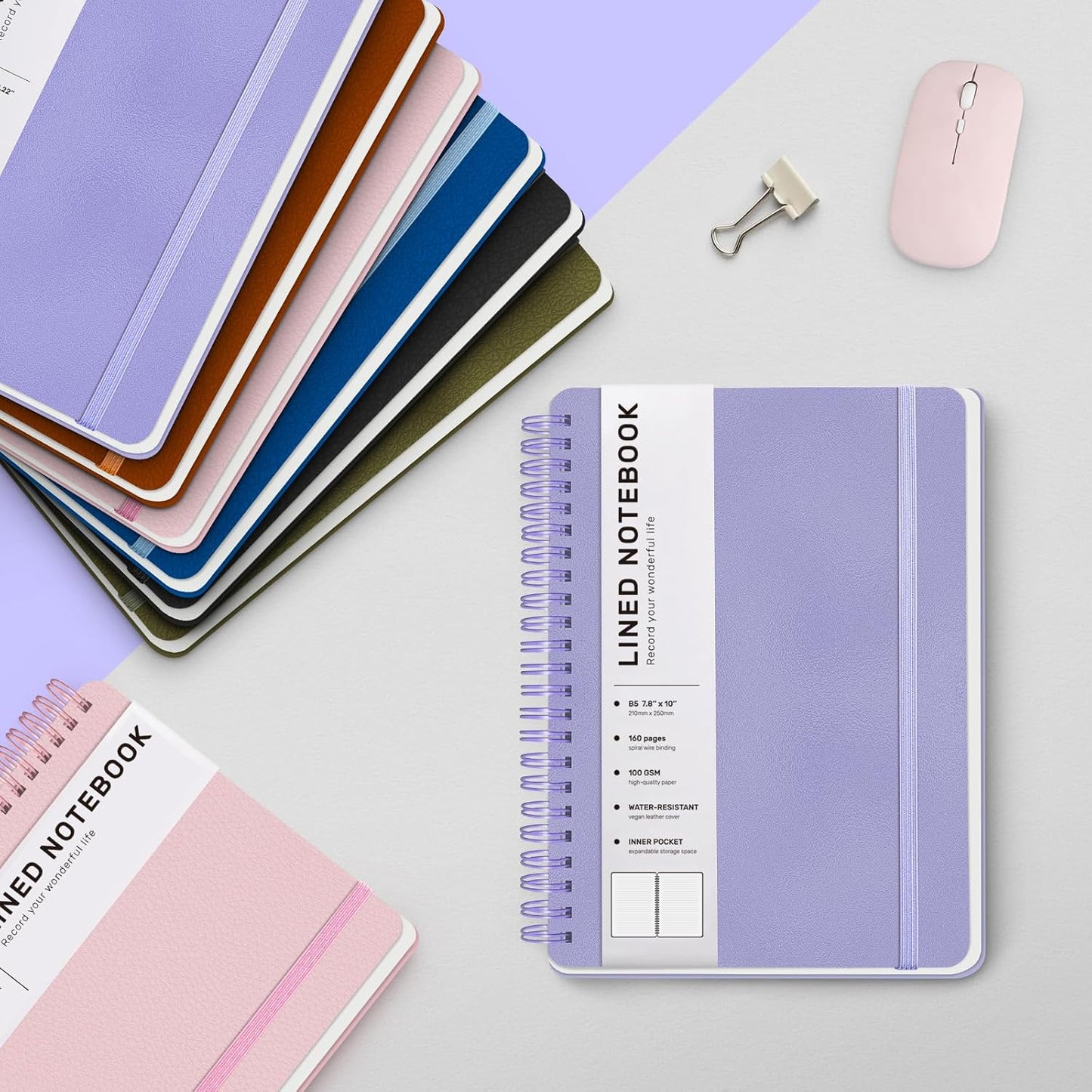 Lined Spiral Journal Notebook, B5 Hardcover Leather Notebook for Work, 7.8''×10'', 100GSM Thick Paper Spiral Bound Journaling Notebooks for Women & Men Office School Note Taking Business, Purple