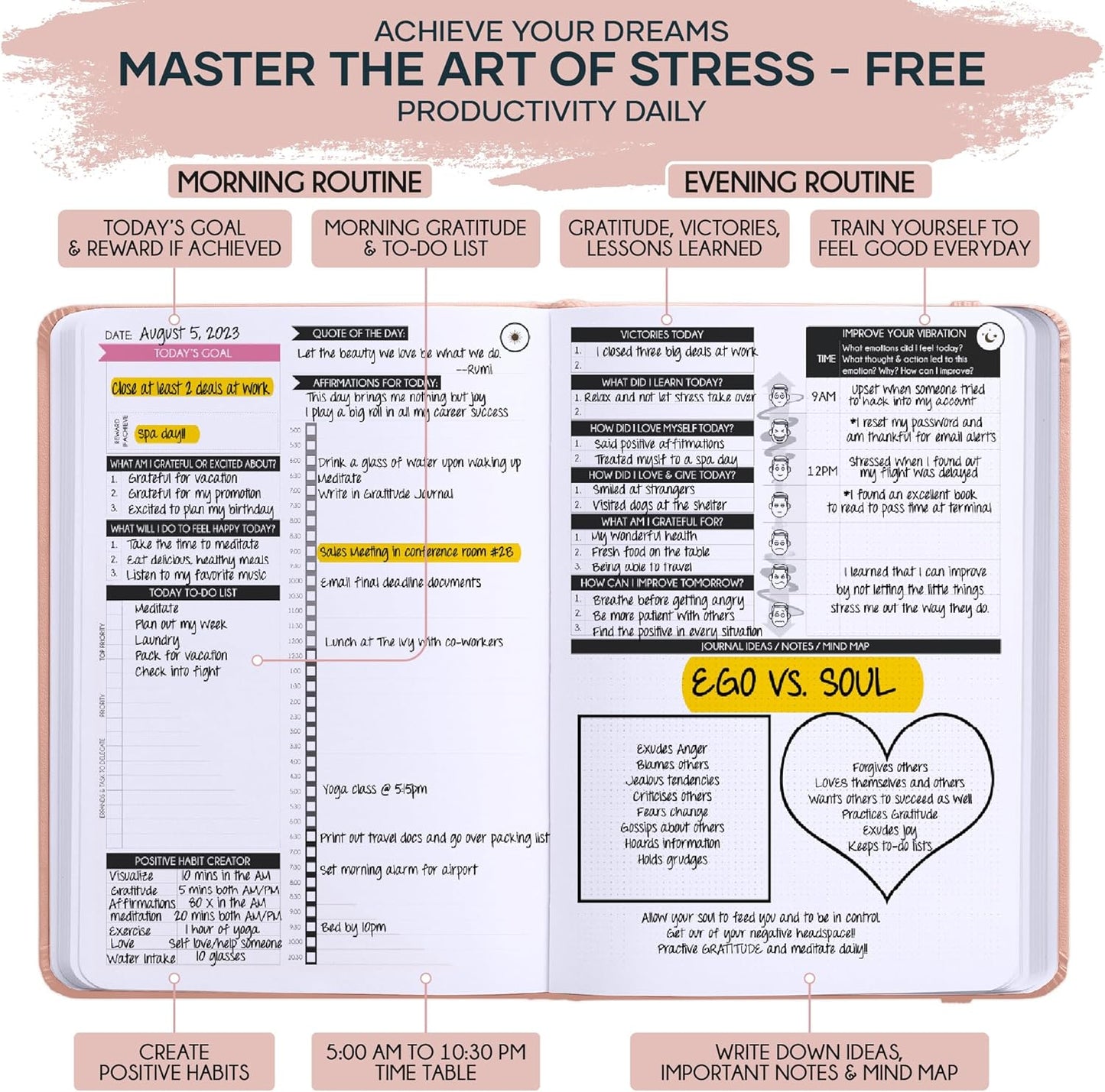 Self Care Journal & ADHD Planner for Adults - 5 Minute Journal, A 90 Days Planner, Creating Your Dream Life, Increase Productivity & Happiness, Vision Board, Guided & Gratitude Journal - Undated