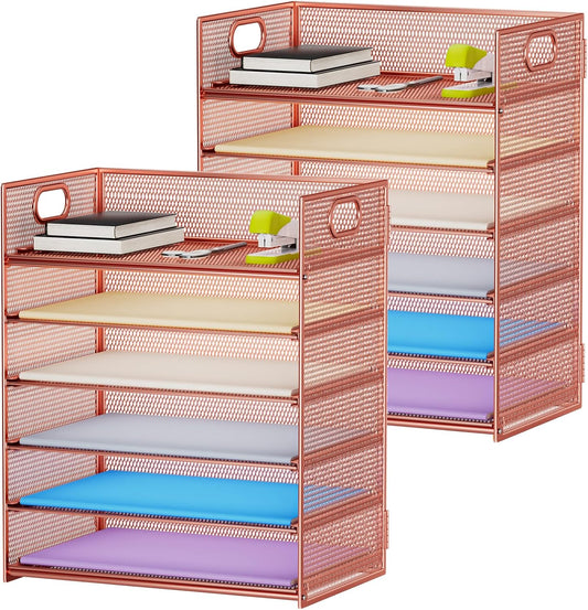 Marbrasse 2 Pack Desk Organizer with Handle, 6 Tier Paper Letter Tray, Mesh Desk File Organizer for Office, School and Home - Rose Gold