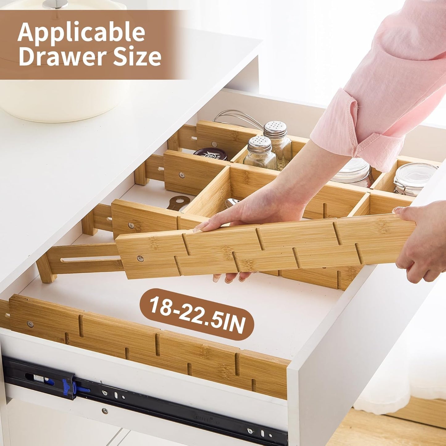 Bamboo Drawer Dividers with Inserts kitchen drawer organizer Adjustable Expandable 8 Pack Organizer Set for Kitchen Bedroom Bathroom Office 8 Dividers with 16 Inserts (Natural, Large (18-22.5IN))