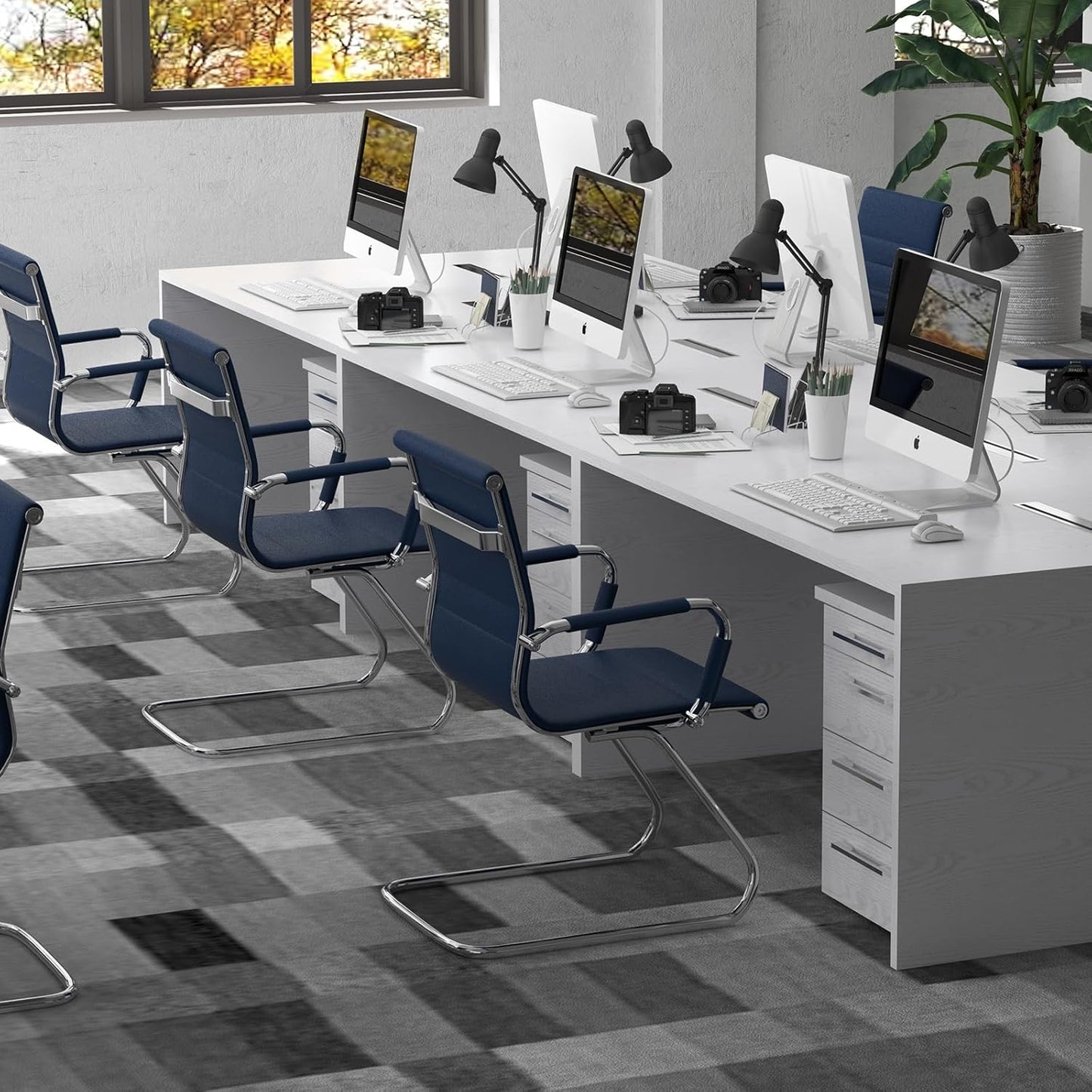 Reception Chairs Leather Conference Guest Chair Heavy Duty Back Support Office Chair, Set of 2 (Navy)