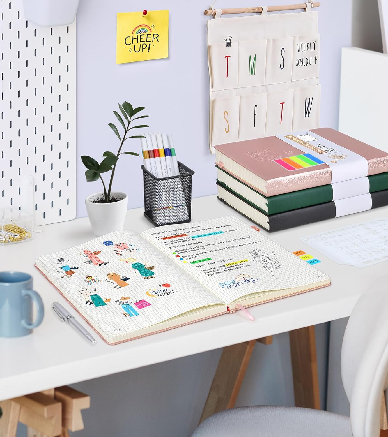 Graph Paper Notebook Journal, 360 Numbered Pages Grid Notebooks, Thick 100gsm Graphing Paper Notebook Journals for Women Men, B5 Large Hardcover Leather Graph Notebook 7.6'' X 10'' Pink