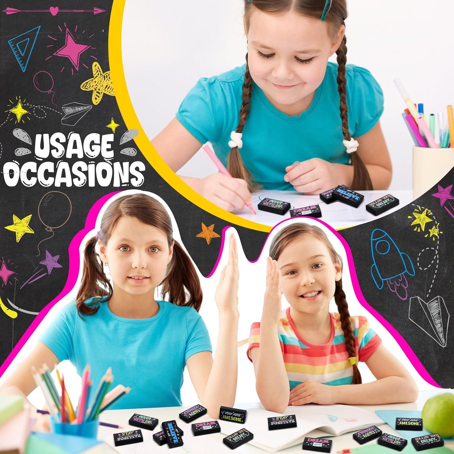 100 Pcs Inspirational Pencil Erasers Bulk for Kids Fun Motivational Eraser School Supplies Back to School Office Supplies for Classroom Office Teacher Artists (Colorful Chalkboard)