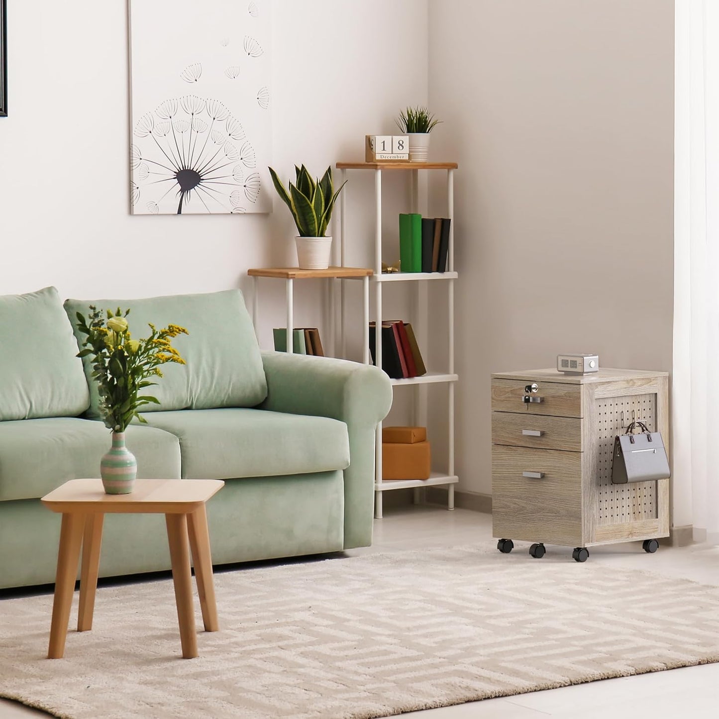 SHW Box Box File Rolling Mobile Cabinet with Side Pegboard and One Lockable Drawer, Maple