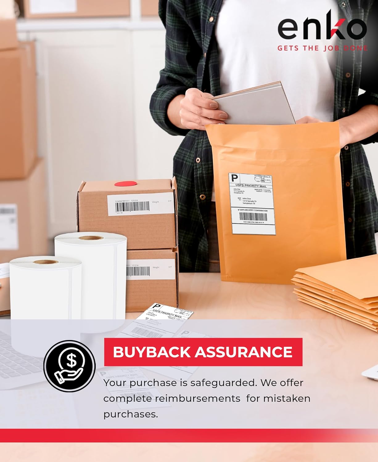 enKo 1 Stack/2000 Labels 4" x 6" Fanfold Direct Thermal Label Compatible for Rollo Zebra Printer - Shipping, Mailing, Postage, Perforated, Permanent Adhesive (2 Labels/Fold)