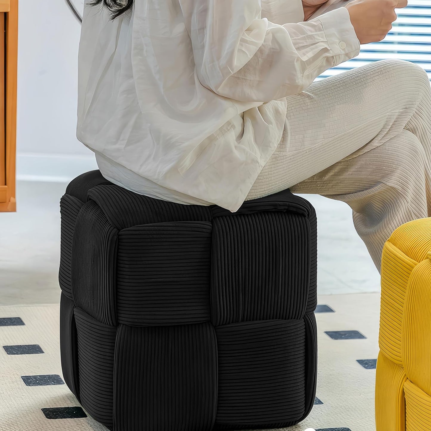Ottoman Foot Rest Soft and Comfortable Ottoman Square Corduroy Woven Design Sofa Stool (Black)