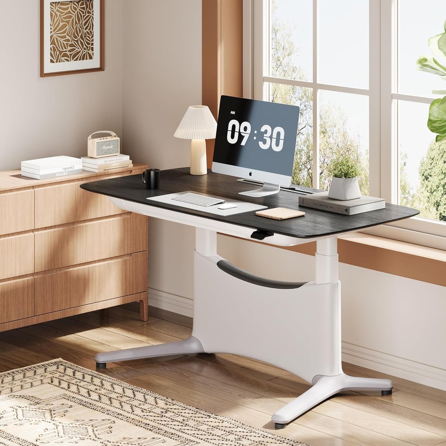COLAMY Electric Adjustable Standing Desk – 48 x 28 Inch Sit Stand Desk with Drawer & Cable Management, Dual Motor Lift System, Ergonomic Footrest, Home Office Table (Veneer Desktop, Black Oak + White)