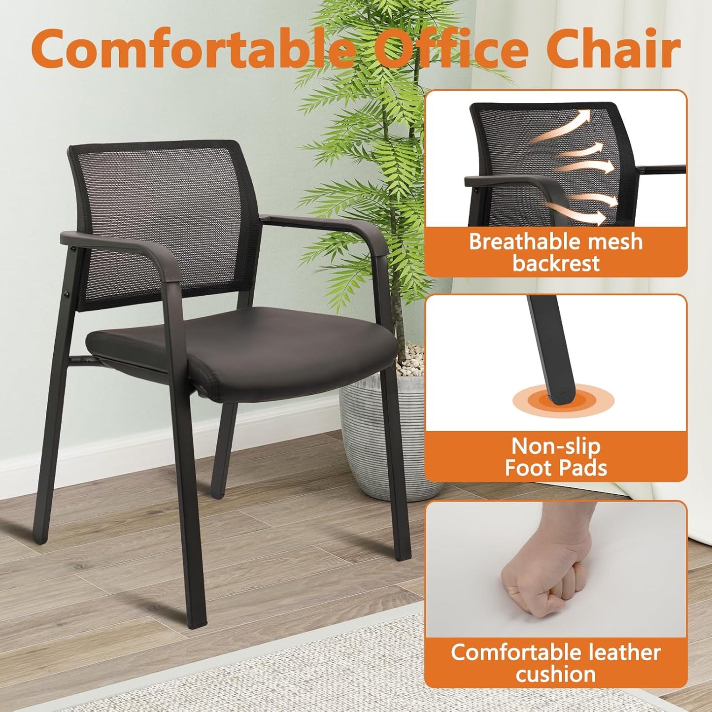 CLATINA Stackable Office Chair, Mesh Back Guest Chairs with Comfortable Leather Seat Arms Stacking Ergonomic Desk Chair No Wheels for Conference Waiting Reception School Stationary, Black, Set of 2