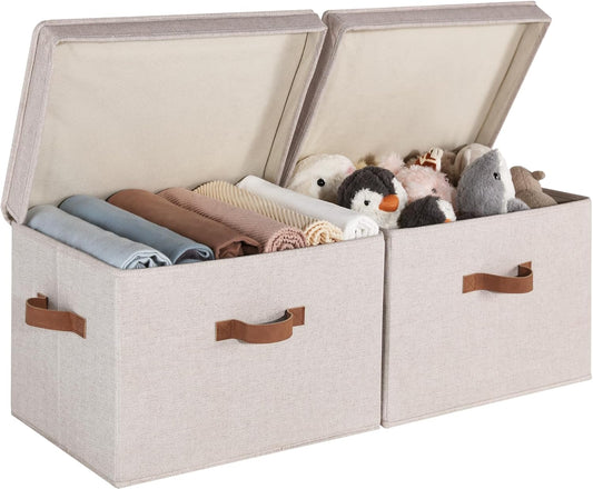 StorageWorks Fabric Storage Bins with Lid, Decorative Storage Boxes for Shelves, Stackable Closet Organizer Basket with Handles, Jumbo, Brown and Beige, 2-Pack