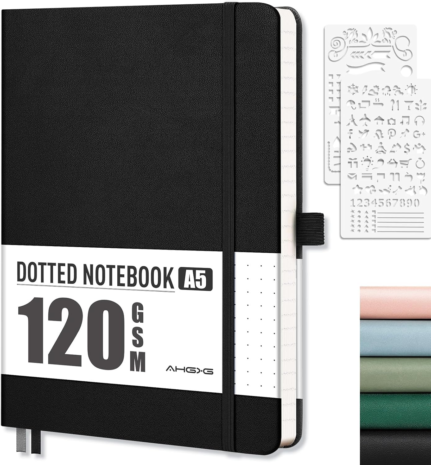 AHGXG Bullet Dotted Journal - Dot Grid Notebook Journal, 120 GSM Thick Acid-Free Paper, A5 Dotted Notebook 160 Pages, Leather Hardcover, Inner Pocket, Journal Stencil, 5.7'' × 8.3'' - Black