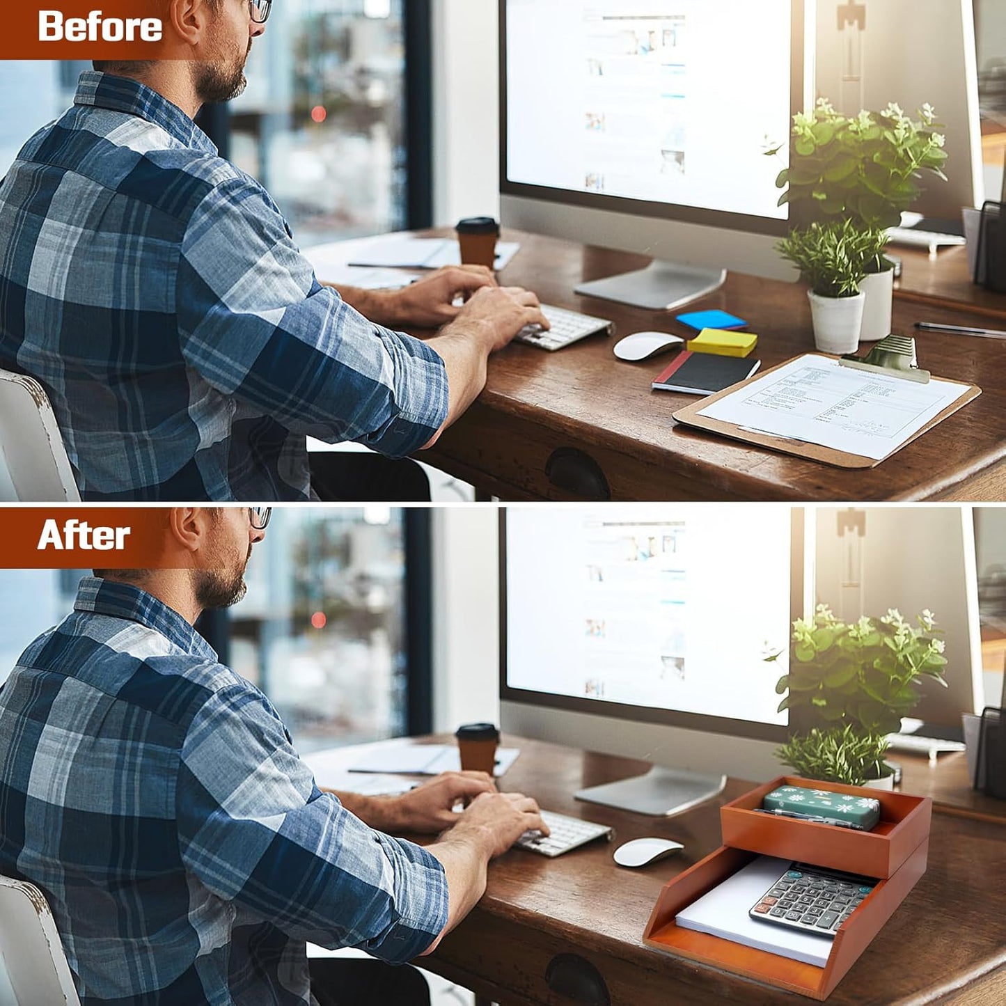 Desk Organizer Letter Tray Set of 2, Magnetic Wooden Tabletop Desktop for Storage Paper Letter Folders Notebooks Copy Print, Workspace Holder, Office Supplies, Keep Stationery Saver-Brown