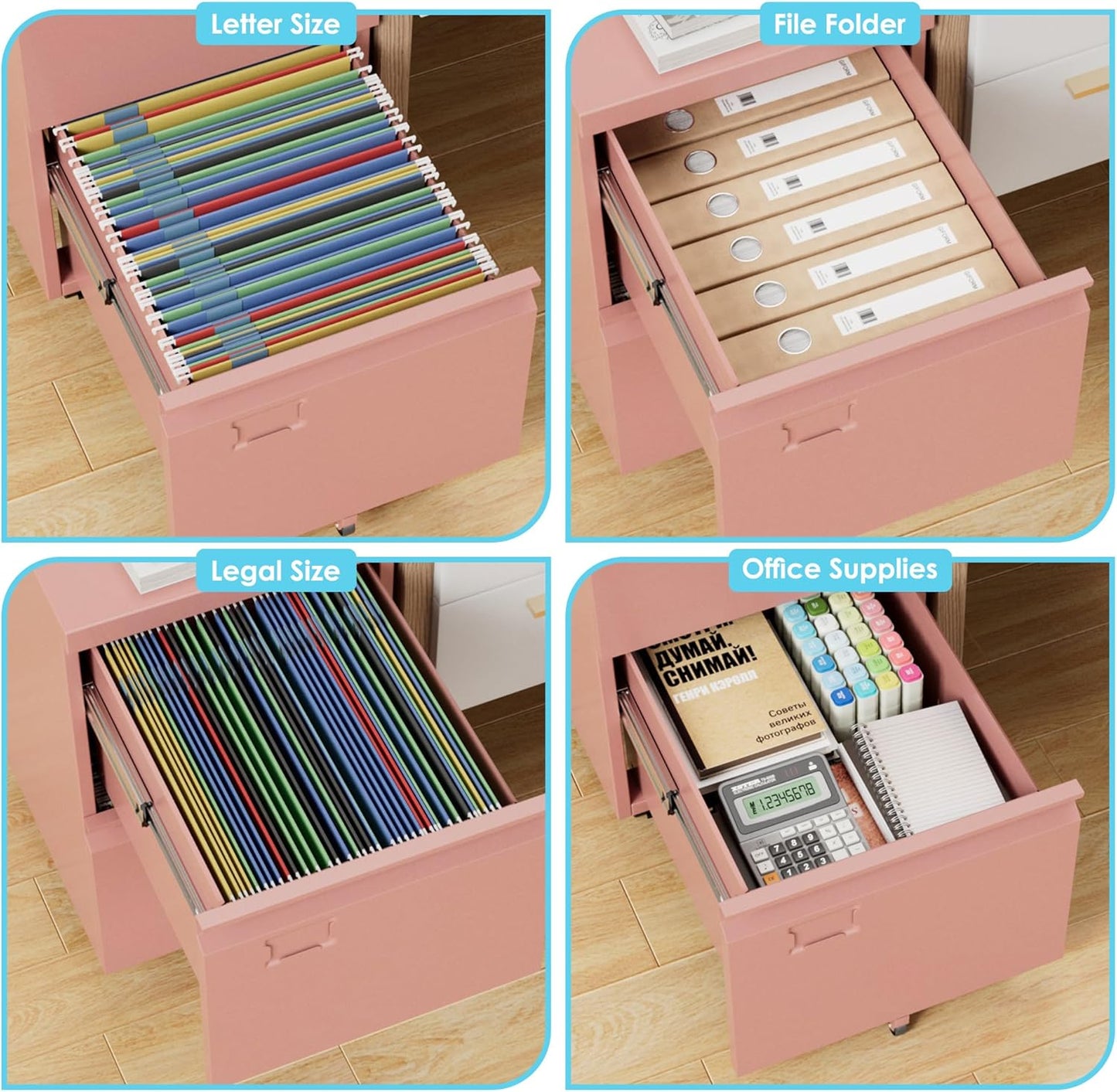 Aobabo 2 Drawer File Cabinet, Lockable Metal Filing Cabinet with Wheels for Home Office, Legal/Letter Size, Required Assembled,Pink