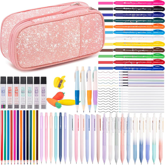 School Supplies Set for Teens Girls - Cute Pink Pencil Case, 10 Mechanical Pencils 0.5 0.7 2.0mm,12 Highlighters, 16 Pens, 452 Lead & Gel Refills Complete College Essentials, Drafting & Writing Kit