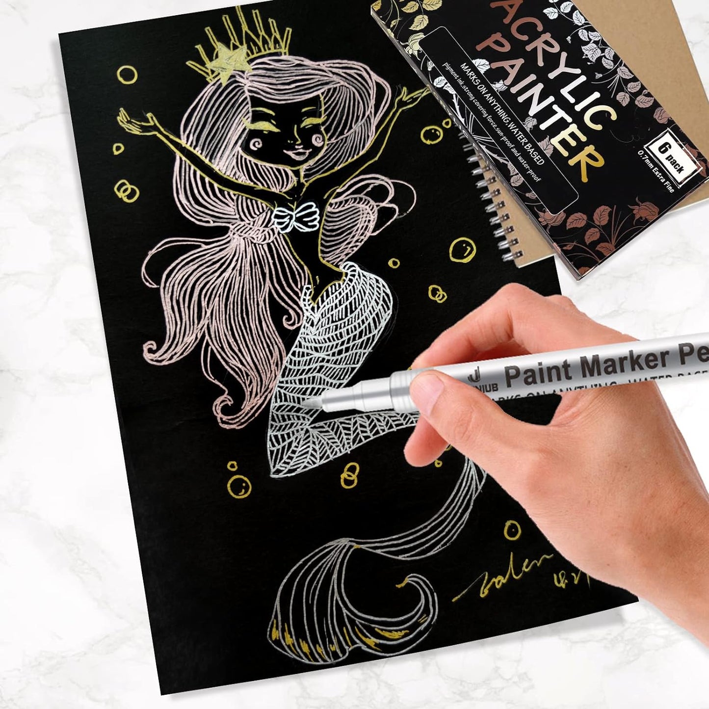 Gold Paint Pens with Silver, Rose Gold Acrylic Paint Pens for Rock Painting, Wood, Fabric, Glass, Canvas, Scrapbooking, Card DIY Metallic Acrylic Marker (0.7mm)