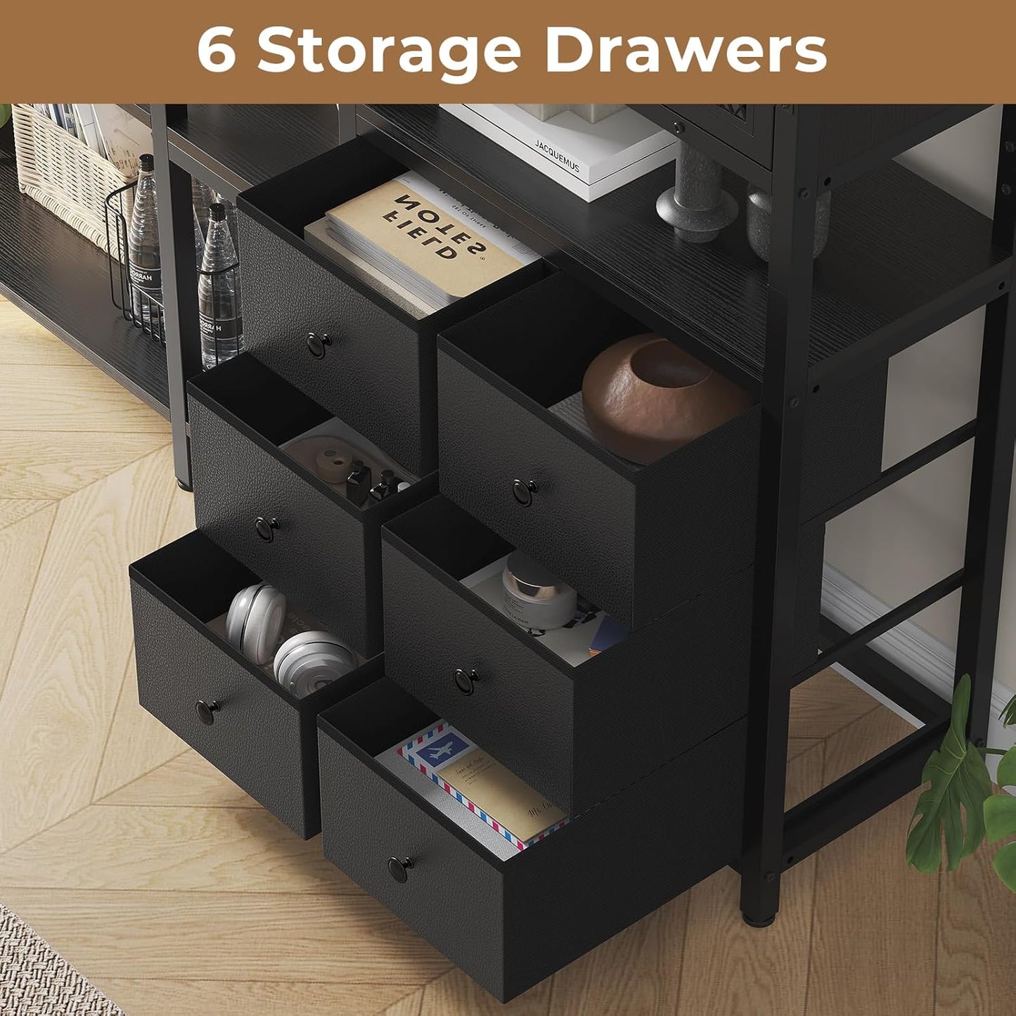 Corner Bookshelf, 5 Tier Industrial Convertible Bookshelf with 6 Fabric Drawers, Corner Bookcase Large L Shaped Storage Display Shelf for Home Office, Living Room, Kitchen, Black