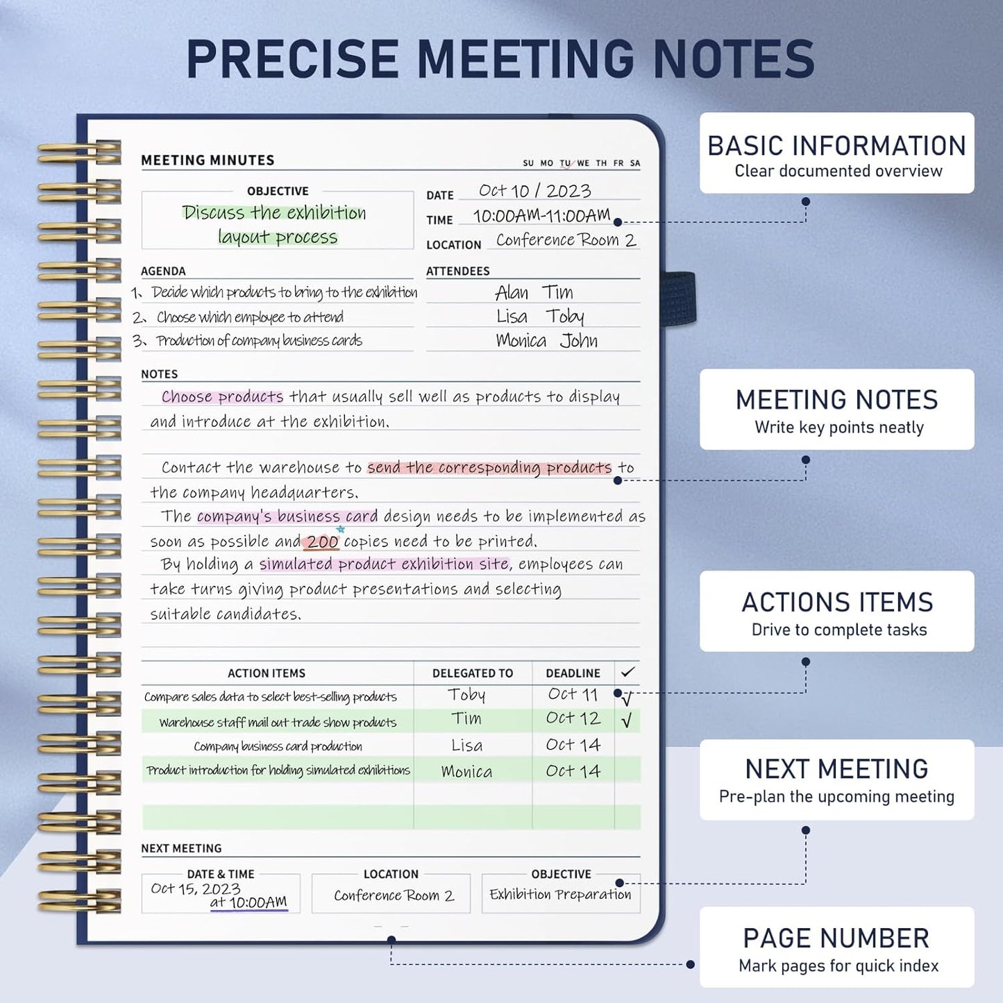 WEMATE Meeting Notebook for Work B5 (7"x10") - PU Leather Work Notebook with Agenda, Action Items & Notes - 200 Pages for Men&Women, Staff and Students, Meeting, Projects Planning - Dark Blue