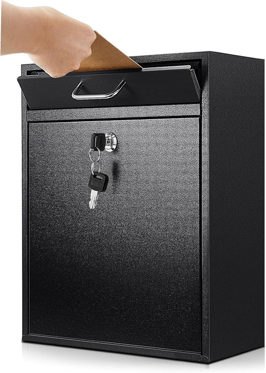 Locking Mailbox with Key for Outdoor 14 x 12 x 4 Inches Large Wall Mount Mail Box with Lock Security Mail Drop Metal Collection Boxes Hanging Secure Postbox (Black)