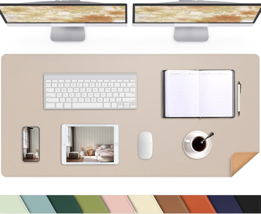 AFIING Leather Desk pad Protector, Large Non-Slip Office Desk Mat with Natural Cork & PU Leather, Waterproof Writing Mouse Pad for Office and Home (47in*23in, Beige)