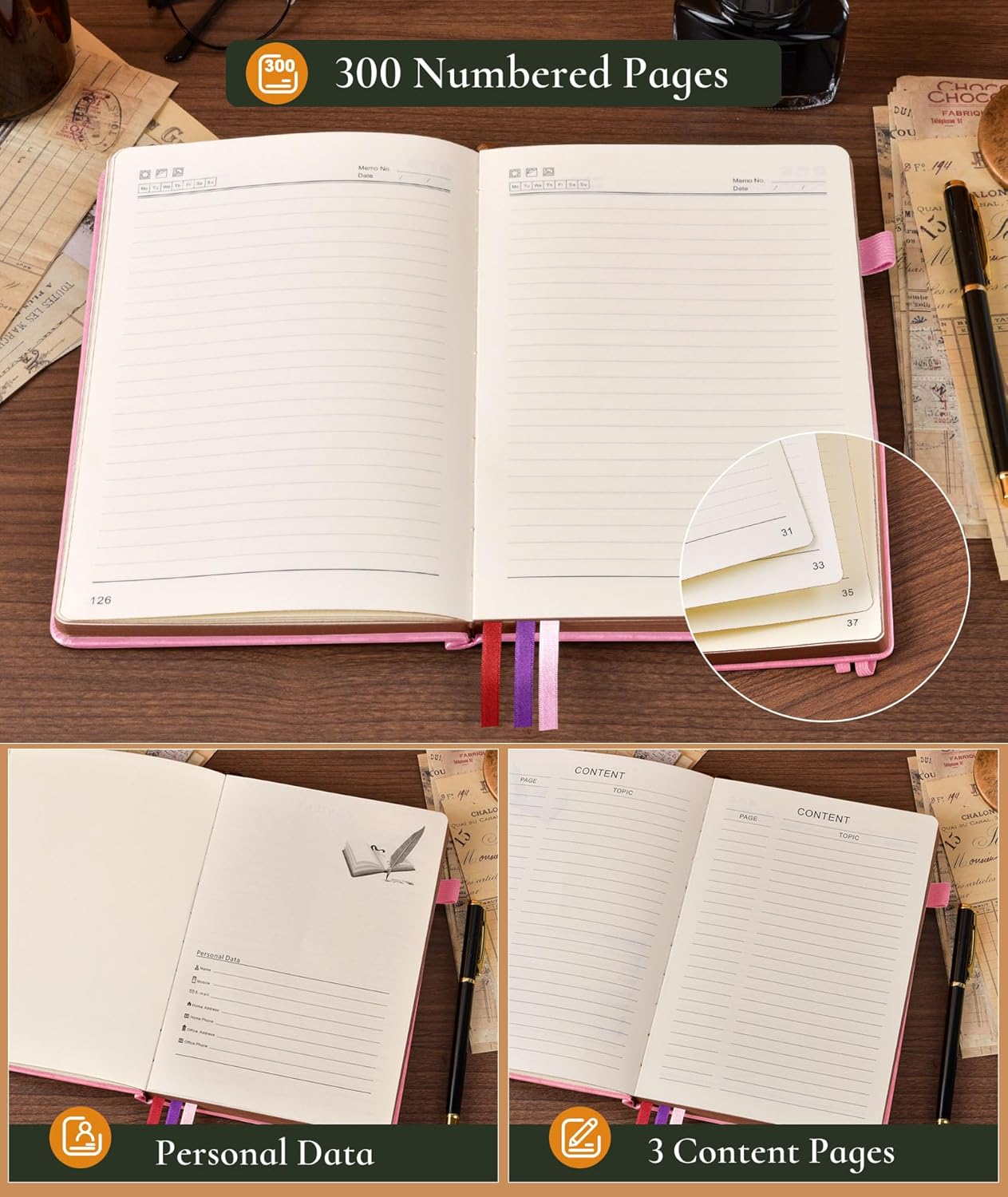 Vintage Leather Journal with 300 Numbered Pages,A4 Lined Journal for Men Women,Daily Journals for Writing,College Ruled Notebook for Work,School,Note taking,Travel Diary,Large (8.5" X 11.3")