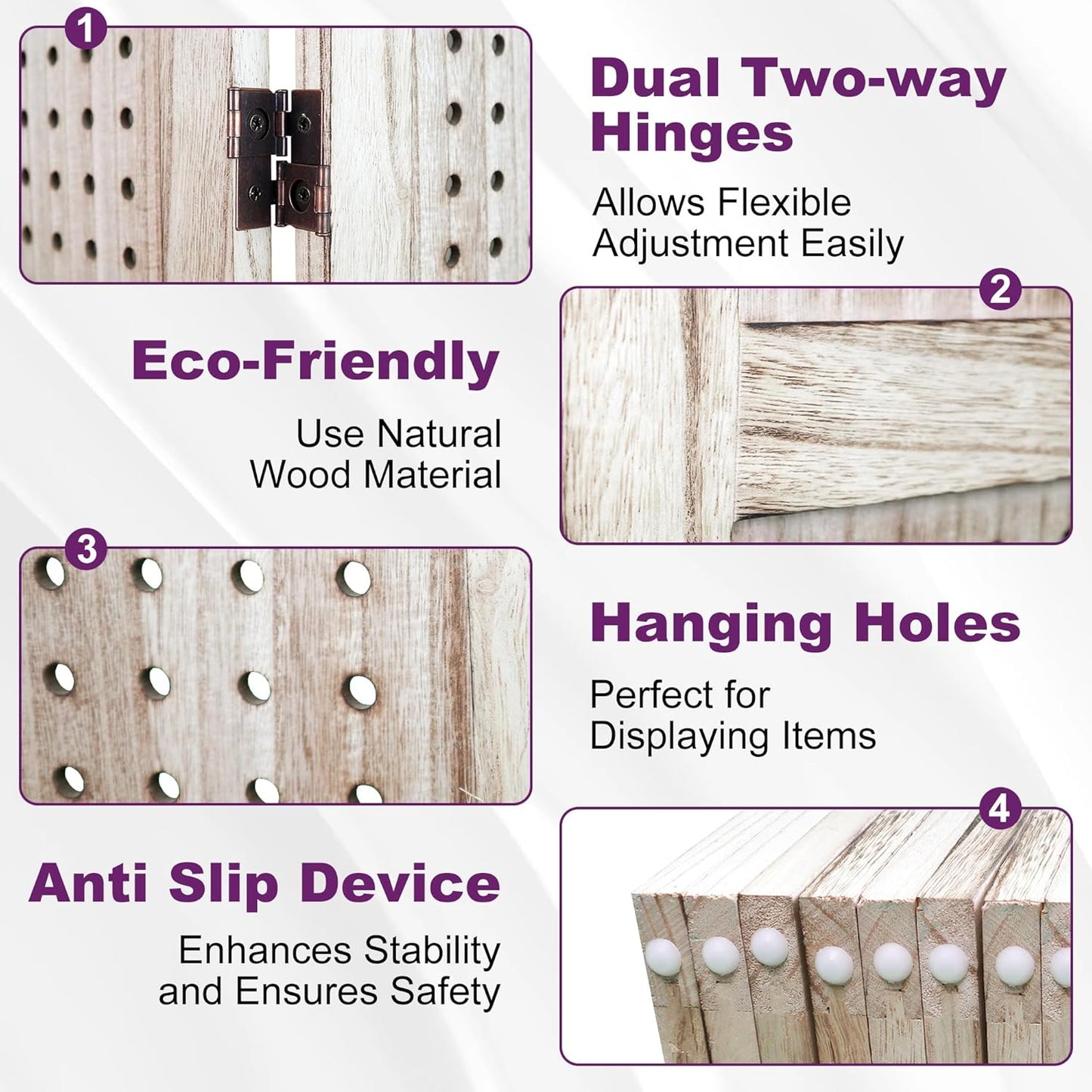 Room Divider, 5.6FT Folding Room Divider Panel, 4 Panel Pegboard Display Wood Partition Wall Divider for Room Separation& Craft Shows, Natural Wood