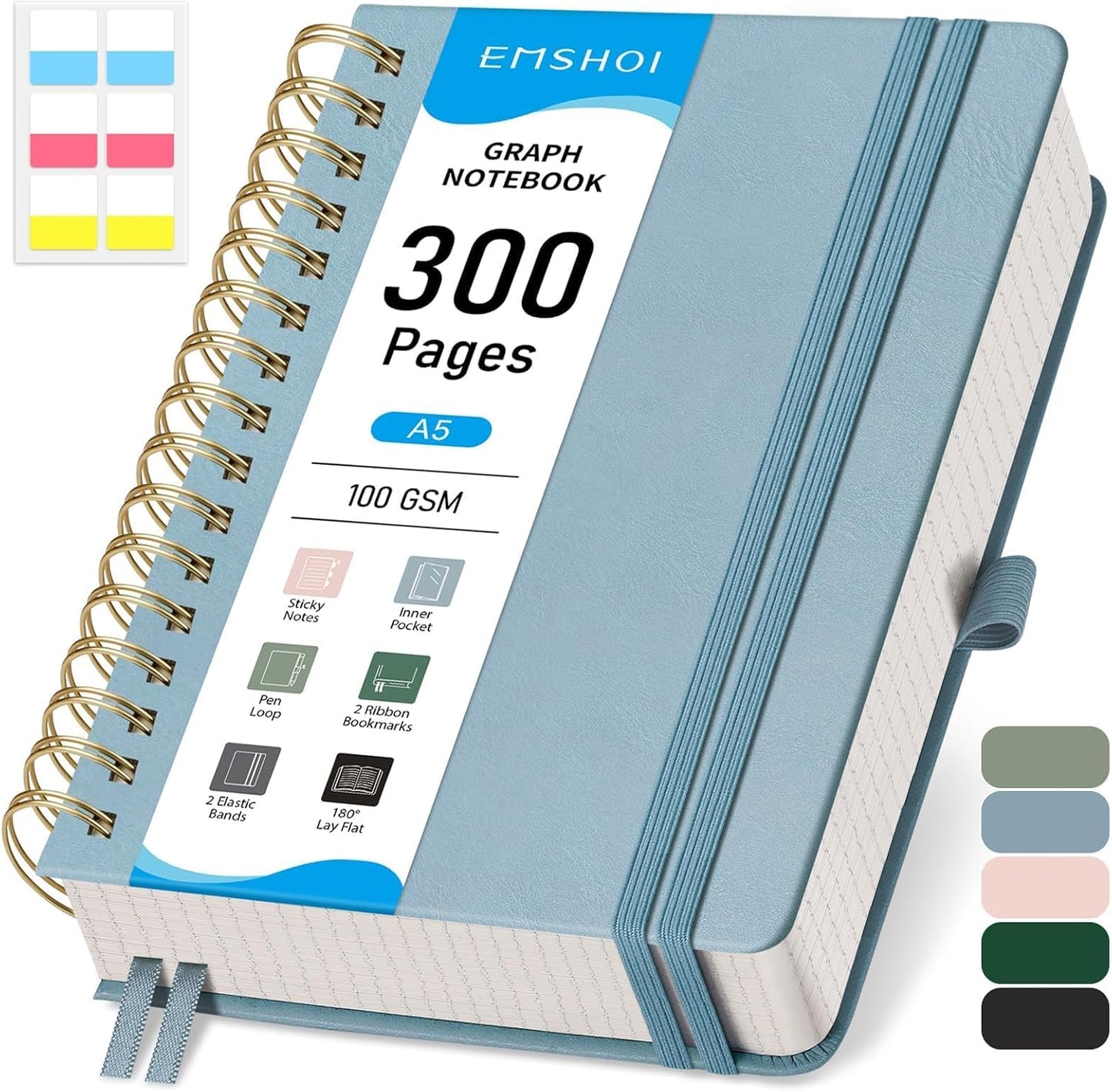 EMSHOI Spiral Graph Paper Notebook - 300 Pages, 100 GSM Thick Grid Notebook, A5 Small Hardcover Leather Journal for Women Men Writing Engineering Graphing, 5.7" x 8.22", Gray Blue