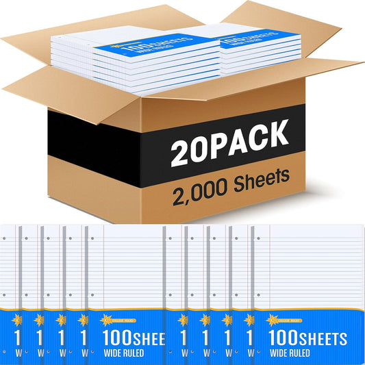 Fainne 20 Pack Notebook Paper Bulk Wide Ruled 8 x 10.5'' Wide Ruled Loose Leaf Notebook Paper Lined Filler for 3 Ring Binders for Office Notes Writing Binder Refill 100 Sheets Per Pack
