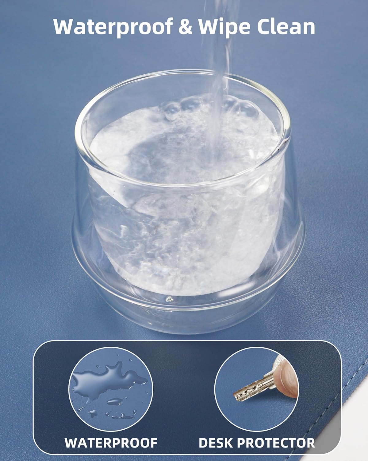 Desk Pad Mat 23.6"x13.7" - Waterproof Mouse Pad & Desk Protector, Non-Slip PU Leather for Gaming Keyboard/Mouse, Stitched Edge XL Office Desk Pad with Ergonomic Support(Gray Blue)