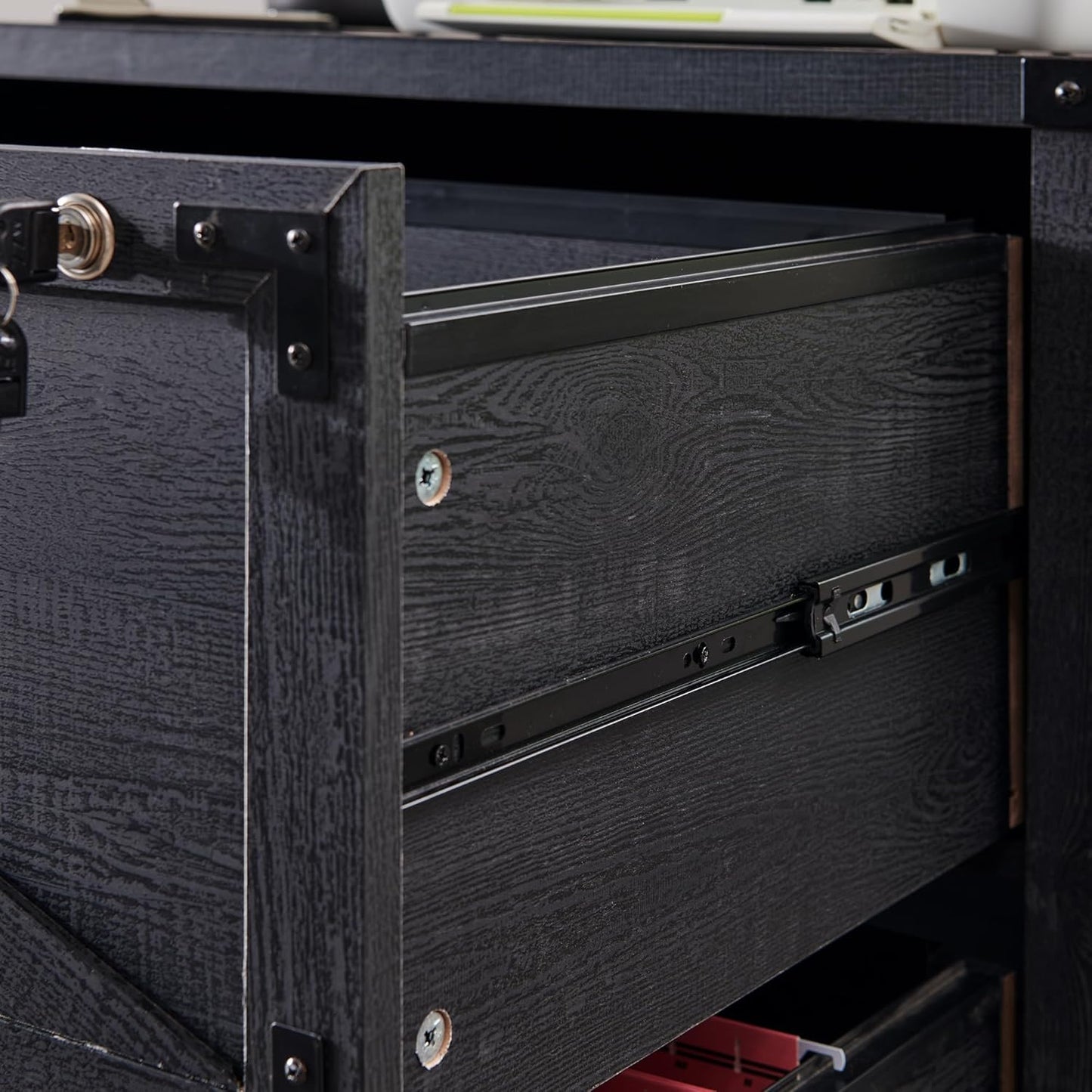 JXQTLINGMU 2 Drawer Farmhouse File Cabinet, Lateral Filing Cabinet with Lock for Home Office, Compatible Legal Letter A4 F4 Size, Black