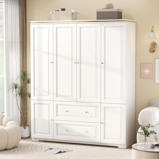 White Armoire Wardrobe Closet with Drawers: Wardrobe Closet for Hanging Clothes, Modern Bedroom Armoires with Hanging Rod, Wardrobes Closets with 4 Doors and Shelves (White, 59")