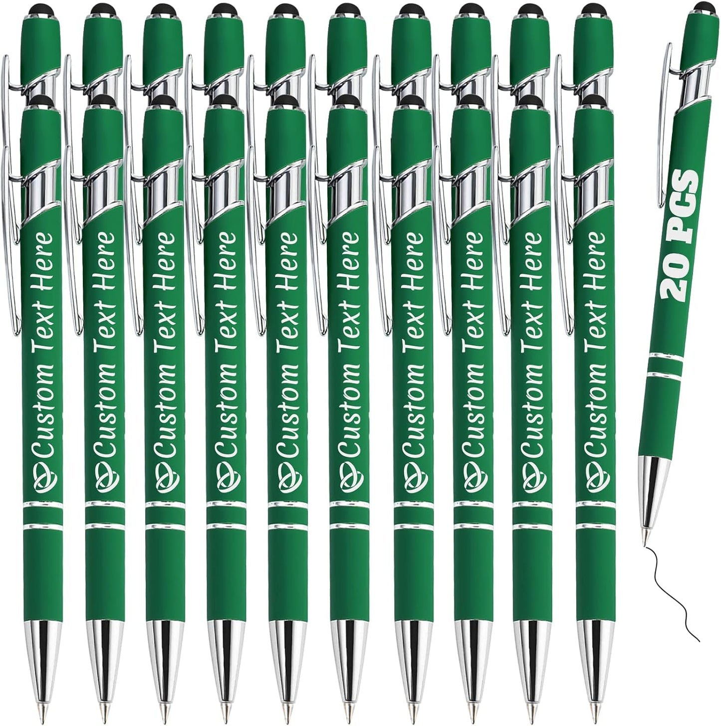 Personalized Pens Bulk 20 with Name Custom Engraving Ballpoint Pens with Stylus Tip Customized Smooth Writing Pens Personalized Gifts for Anniversary Birthday or Graduation(Dark Green,Black Ink)