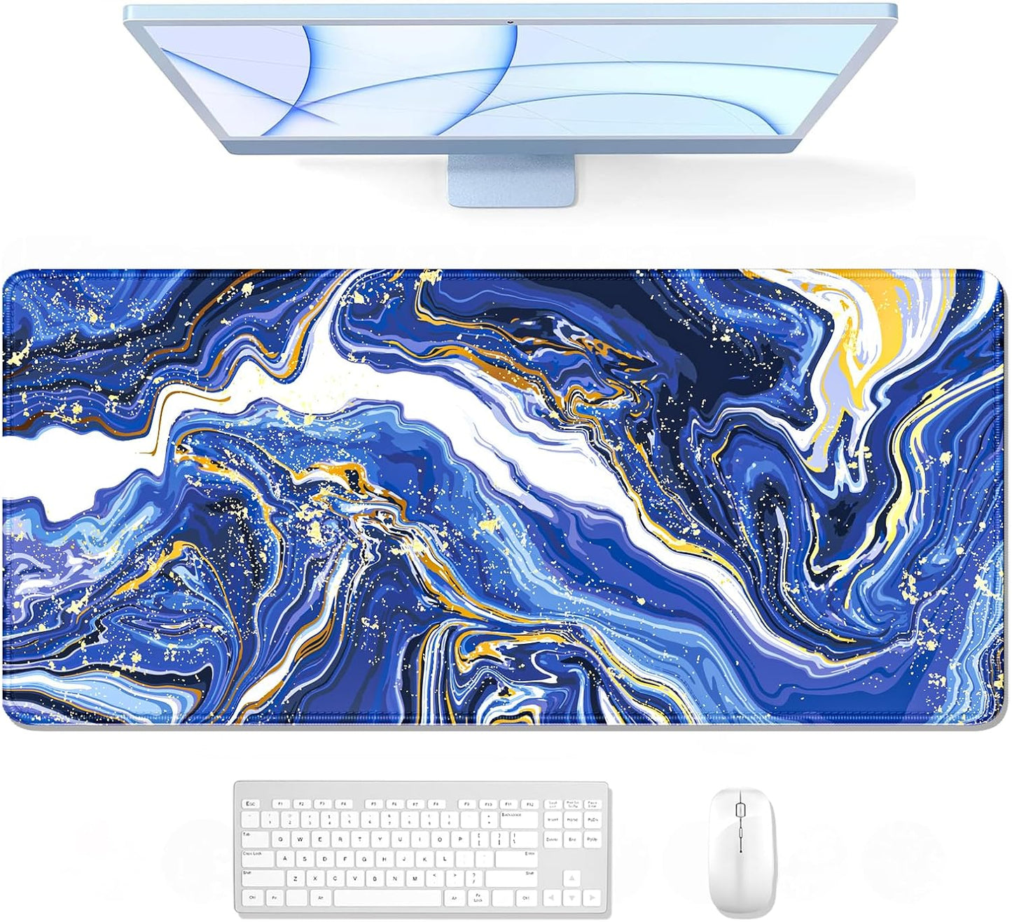 Auhoahsil Large Gaming Mouse Pad, Marble Theme XXL 35.4 x 15.7 in Desk Pad Stitched Non-Slip Rubber Long Computer Mousepad Thin Extended Full Size Desk Mat for Desktop Laptop Wireless Mice, Blue