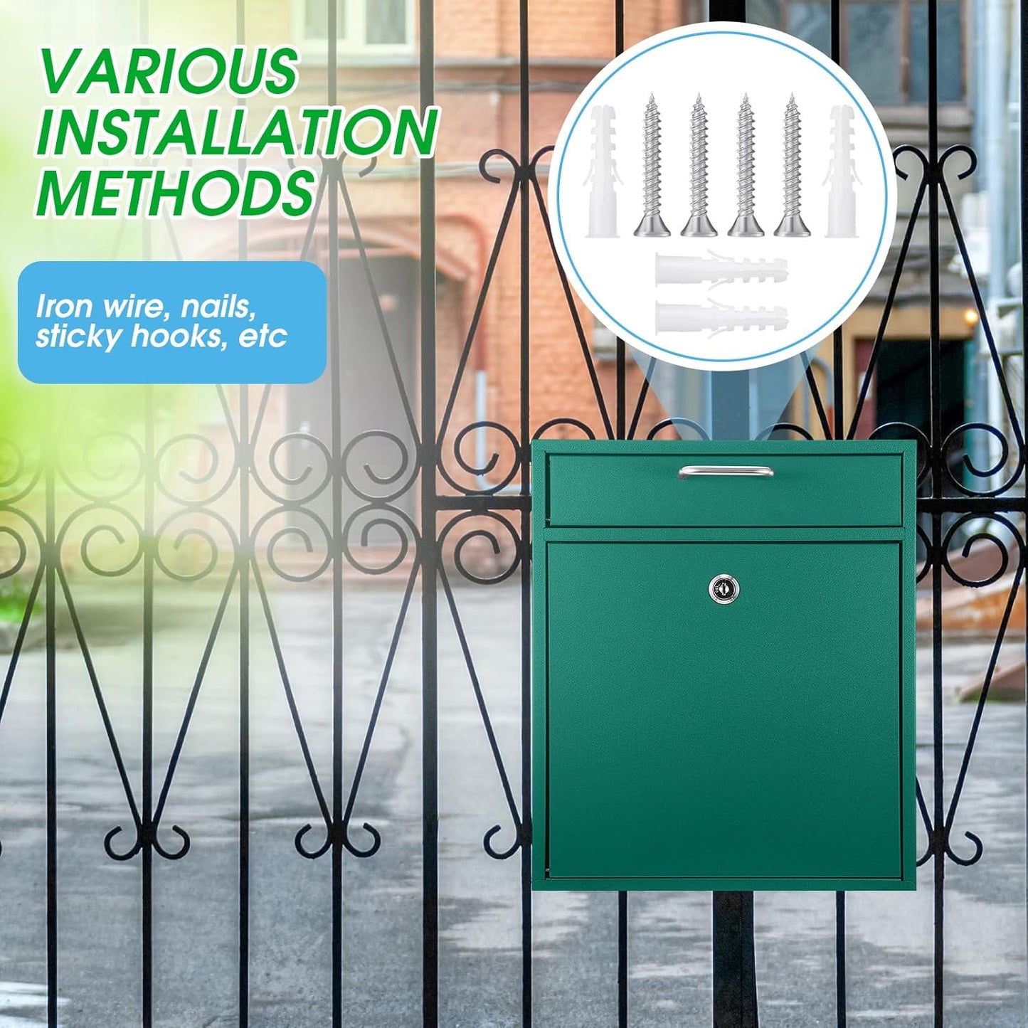 Locking Mailbox with Key for Outdoor 12 x 10.5 x 4.7 Inches Large Wall Mount Mail Box with Lock Security Mail Drop Metal Collection Boxes Hanging Secure Postbox(Green)
