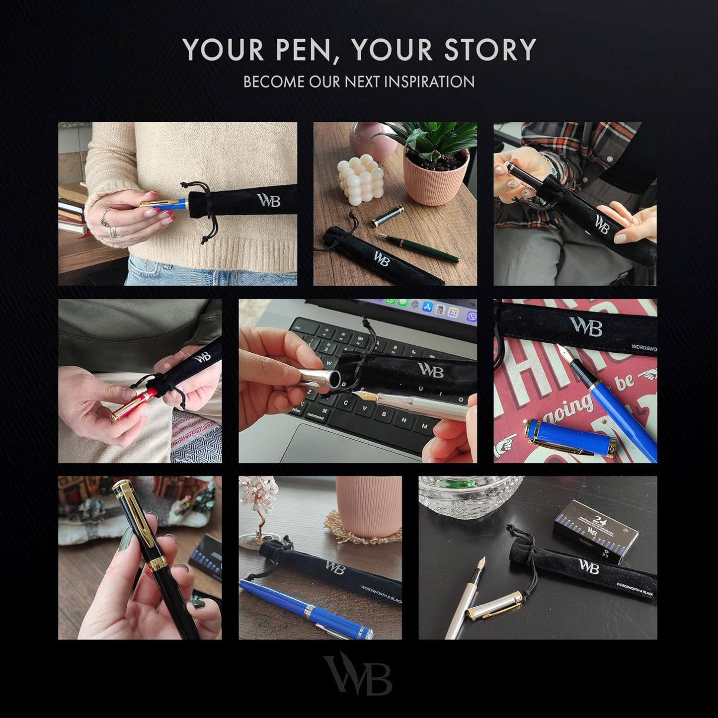 Wordsworth & Black Fountain Pen Set, Medium Nib, Includes 24 Pack Ink Cartridges, Ink Refill Converter & Gift Pouch, Chrome Finish, Calligraphy, [Black Chrome], Perfect for Men & Women