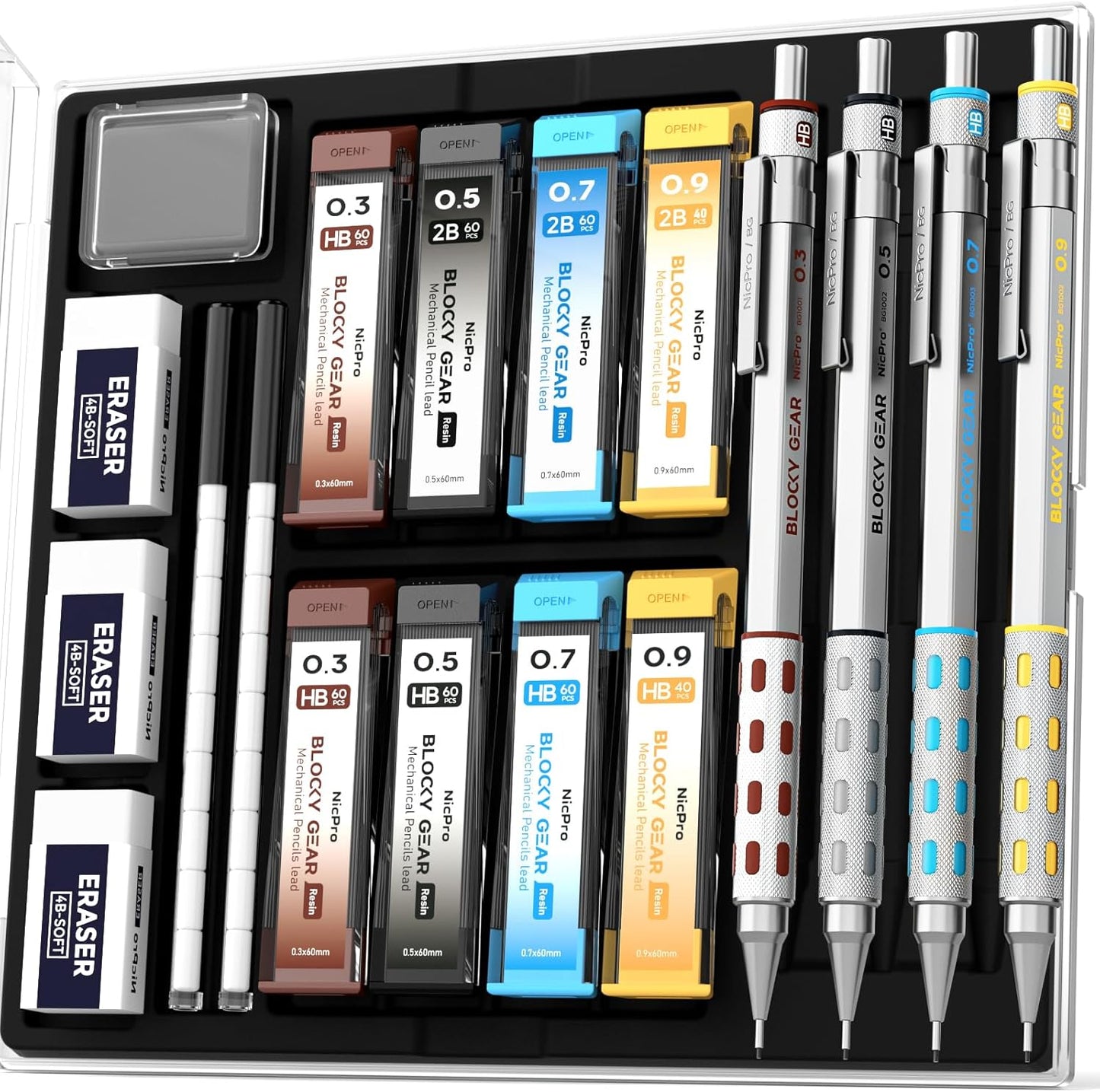 Nicpro 4 Pack Blocky Gear 0.3, 0.5, 0.7, 0.9 mm Metal Mechanical Pencils Set with Case, Lead Drafting Pencil with 8 Tube Lead Refills(HB 2B), Erasers, Eraser Refills for Art Writing Sketching Drawing