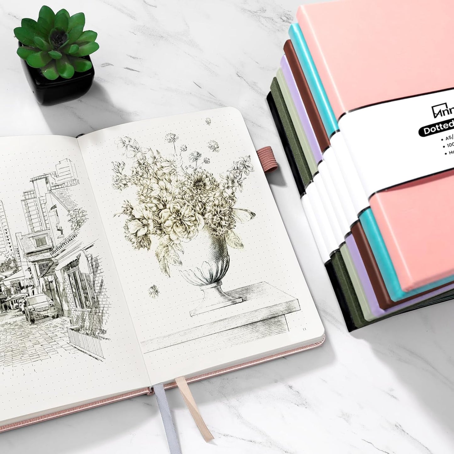 Annecy Numbered Bullet Dotted Journal Notebook, Medium 5.5x 8.25, 160 Pages 100GSM Writing Paper, A5 Black Faux Leather Cover with Pen Loop