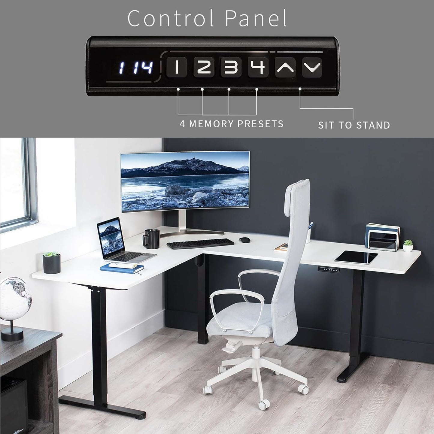 VIVO Electric Corner L-Shaped 75 x 63 in Rustic Standing Desk, Memory Height Adjustment, White Top Black Frame, DESK-E3CTBW-75